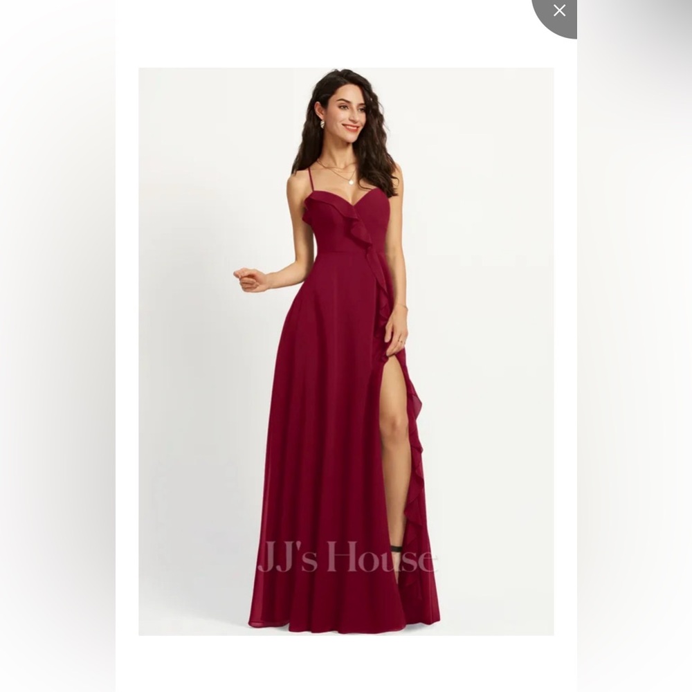 JJs House Burgundy Ruffle-Trim Spaghetti Strap Maxi Dress